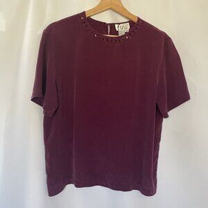 Vintage Fiji Sport Silk Short-Sleeve Blouse With Cutout Neckline In Burgundy M